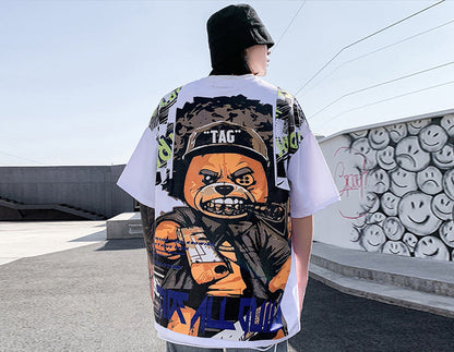 Hip Hop T Shirt Men Harajuku Streetwear Ferocious Bear Print Patchwork Tops Casual Cotton Short Sleeve Tees